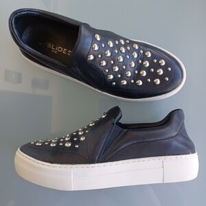 J Slides NYC Black Leather Studded Slip On Plarform Sneakers Women's Size 8.5